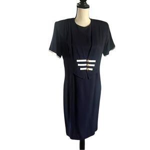 VTG. Casual Corner Deep Navy Blue Military inspired Sheath Power Dress. SZ. 10.